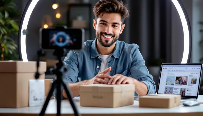 Un e-commerçant filmant ses produits devant un ring light avec son logo de boutique en arrière-plan, prêt à publier une vidéo YouTube