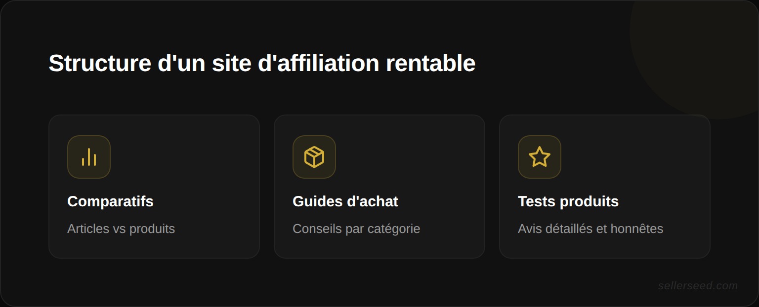 Structure idéale d'un site d'affiliation : page d'accueil menant vers 3 catégories (comparatifs, guides d'achat, tests produits) avec maillage interne