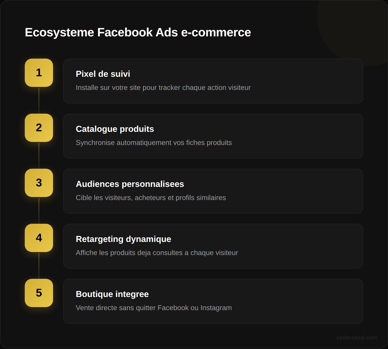 Écosystème complet Facebook Ads pour e-commerce : pixel de suivi, catalogue produits, audiences personnalisées, retargeting dynamique et boutique intégrée