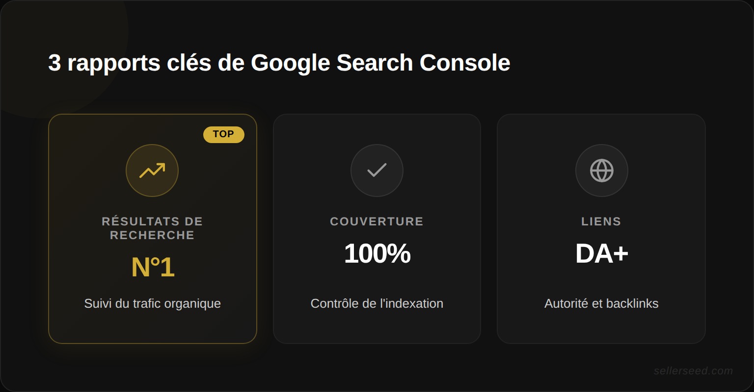 Les trois rapports prioritaires de Google Search Console pour une boutique en ligne : Résultats de recherche pour le trafic, Couverture pour l'indexation et Liens pour l'autorité