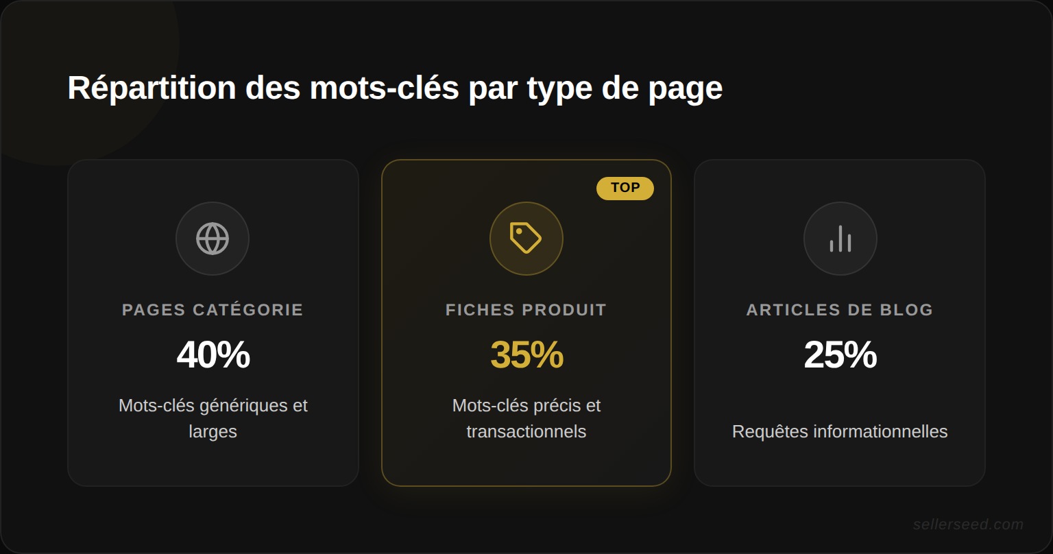 Répartition des mots-clés par type de page : pages catégorie pour les mots-clés génériques, fiches produit pour les mots-clés précis, articles de blog pour les requêtes informationnelles